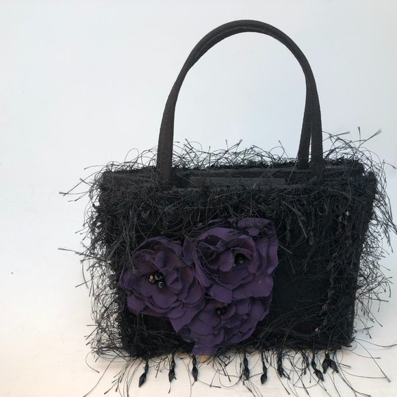 Black Fluffy Handbag with purple Flower - Picture 2 of 5